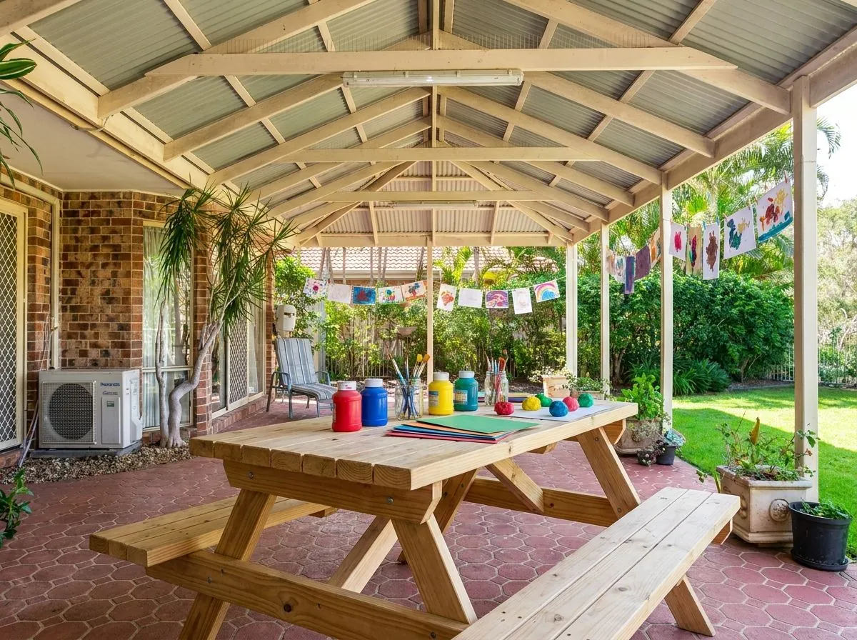 The patio table set up for craft time with paints, paper and playdough