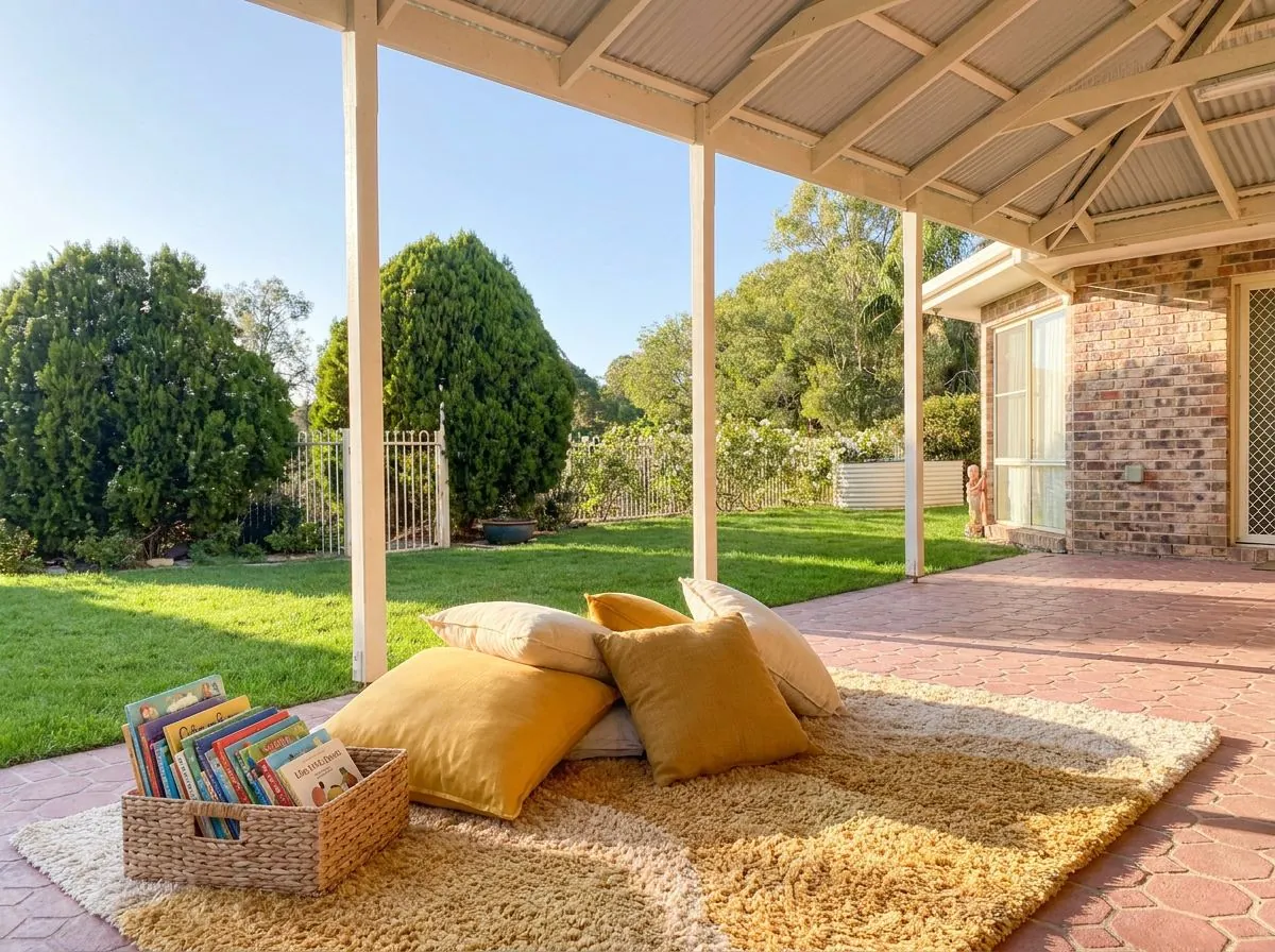 A cosy reading corner with cushions and a basket of picture books on the patio